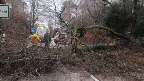 Kieran A fallen tree blocking a road. Road workers are seen working on removing it.