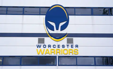 A general view of the logo on the side of a stand at Sixways Stadium, home of Worcester Warriors Rugby Club