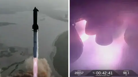 A composite image showing the SpaceX Starship launching into orbit on the left, and the moment it loses control on the right.