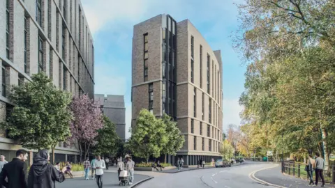 Infinite 3D Ltd A computer generated image of the new development as seen from Houndwell Place. There is a blue sky, lots of pedestrians and a beige coloured, block of flats which follows the curve of the road.