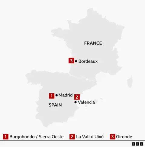 Locator map showing three major wildfire areas in Spain and France. Spain and France are shown in light grey with major cities marked by black dots. In Spain, marker 1 is located near Madrid and identifies the Burgohondo / Sierra Oeste wildfire area west of the capital. Marker 2 is located near Valencia on Spain’s eastern coast and identifies the La Vall d’Uixó wildfire area. In France, marker 3 is located near Bordeaux and identifies the Gironde wildfire area in the southwest. A key at the bottom matches the numbered red squares to the three wildfire locations. BBC logo shown in the lower-right corner.