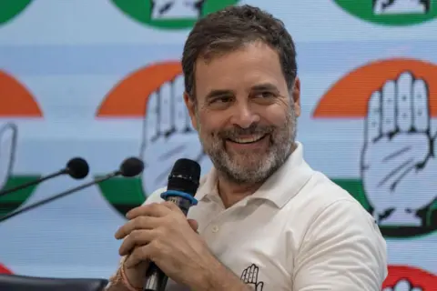 Getty Images 4: Indian National Congress (INC) Party leader Rahul Gandhi speaks during a press conference at the Congress Party headquarters in New Delhi, India on June 4, 2024. (