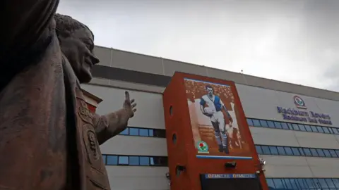 General view of Ewood Park, the home of Blackburn Rovers, from the side of the Jack Walker statue