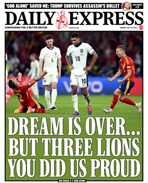 The headline in the Express reads: "Dream is over... but three lions you did us proud".