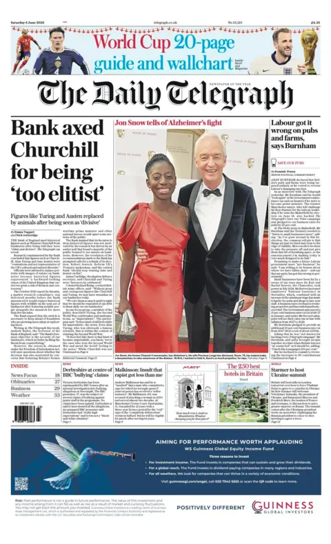 The Daily Telegraph's front page headline is 'Bank axed Churchill for being "too elitist"'