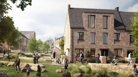 Bradford Council Depicted in CGI, a series of virtual figures wander, walk and cycle around a green space outside some townhouses.