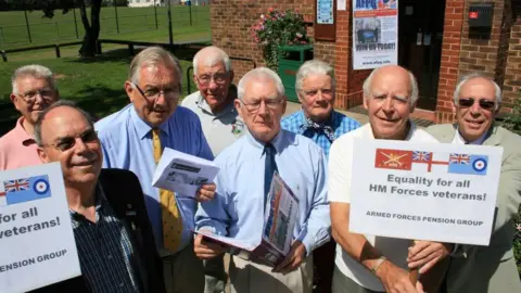 Armed Forces Pension Group A photo from 2009. Eight men are stood in a group. Two of them hold posters that say Equality for all HM Forces Veterans. Peter Bottomley MP is third from left.