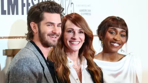 Getty Images Andrew Garfield, Julia Roberts and Ayo Edebiri attend the premiere of "After The Hunt" during the BFI London Film Festival at Royal Festival Hall on October 11, 2025 in London, England.