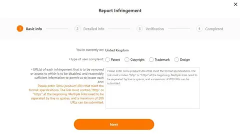 Screenshot Temu's online intellectual property infringement report portal. Headline 'Report infringement' with a textbox provided below to describe infringed work.