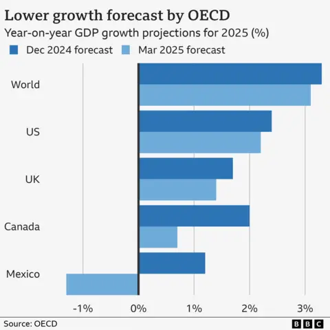 Bar chart showing how the change in growth projections for 2025 have been downgraded for the world economy, the US, UK, Canada and Mexico 