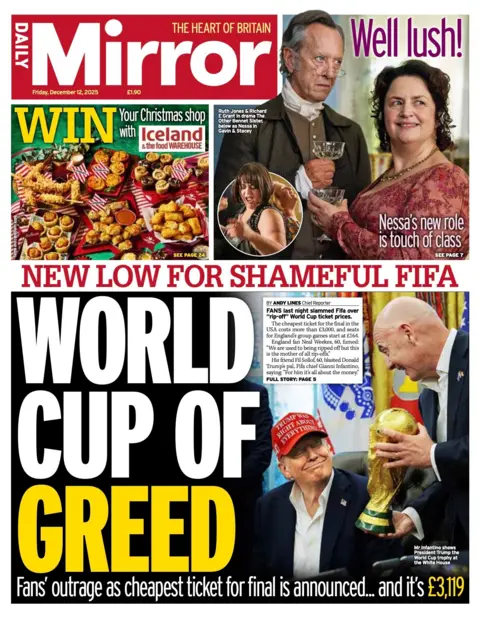 The headline on the front page of the Daily Mirror reads: “World Cup of greed".