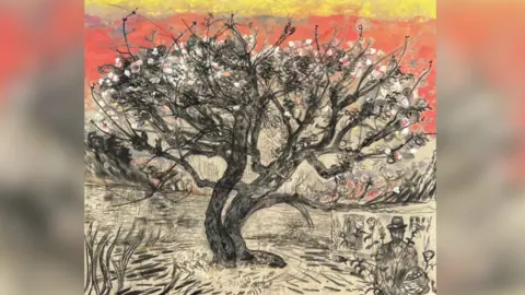 Dan Llywelyn-Hall A black and white sketch of the Bramley apple tree against the backdrop of an orange and yellow sunset.