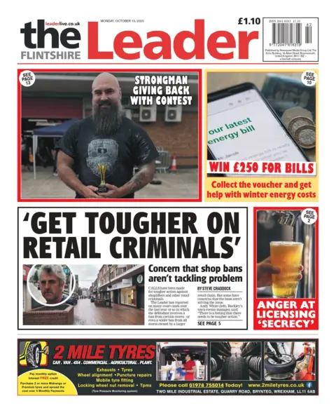 The Flintshire Leader The main headline reads 'get tougher on retail criminals' and there is an image above it with a headline that reads 'strongman giving back with contest'