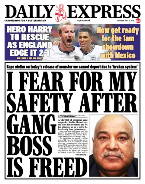 "I fear for my safety after gang boss is freed" reads the headline on the front page of the Daily Express.