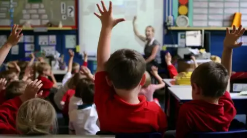 Young pupils in red shirts raise their hands as a teacher instructs the class in front of a large screen showing pictures.