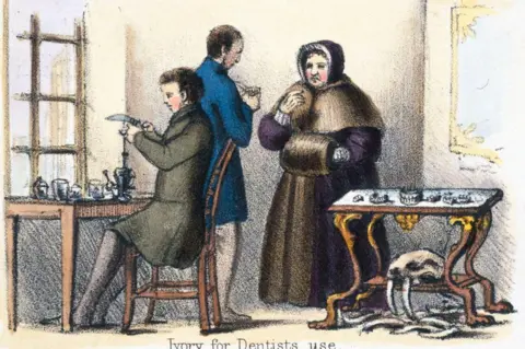 SSPL/Getty Images Vignette from a lithographic plate showing the making of dentures from walrus tusk ivory. Taken from 'The Seal and Walrus' in 'Graphic Illustrations of Animals - Showing Their Utility to Man in Their Employment During Life and Uses After Death' (c 1845), a book illustrated by Benjamin Waterhouse Hawkins. Printed by J Graf. Published by Thomas Varty. (Photo by SSPL/Getty Images)