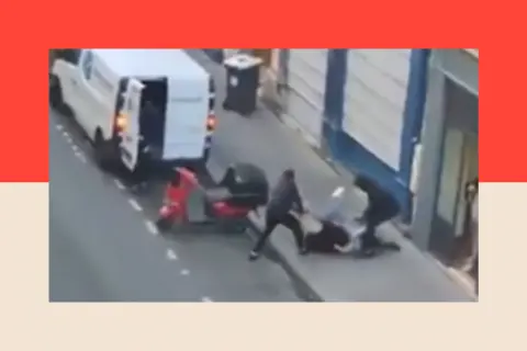 French social media A still from a video shows two men in black trying to drag a woman into their white van

