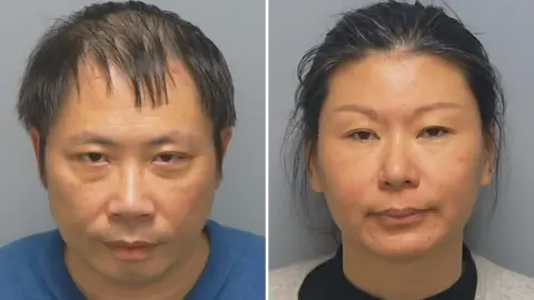 A composite image of a man with black hair and blue shirt and a woman with black hair and a grey cardigan and black top. 