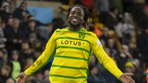 Jonathan Rowe, wearing Norwich's home yellow and green kit, smiles and holds his arms out while celebrating a goal