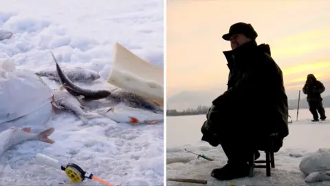 Left image shows fish and equipment on the ice, right image shows two fisherman in warm clothing