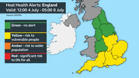 BBC Weather A heat health alert warning graphic which shows the East Midlands, East of England, London, south-east and south-west under a yellow alert from 12:00 BST on 4 July to 05:00 on 8 July