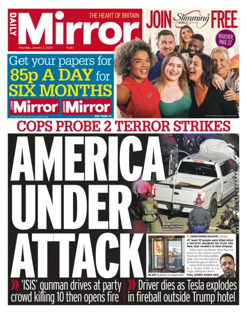 Front page of the Daily Mirror for 2 January 2025. The main headline reads: America under attack.