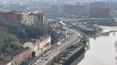 A view from high up showing the Plimsoll Bridge from a distance, the picture is taken from the Clifton Suspension Bridge looking towards south Bristol