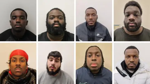 Met Police A collage of eight men's mugshots who look directly at the camera solemnly. 