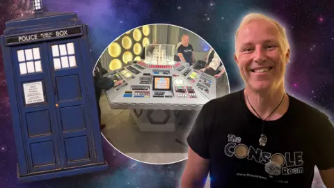 A man smiles to camera, a galaxy graphic with a blue telephone box and picture of the console room can be seen.