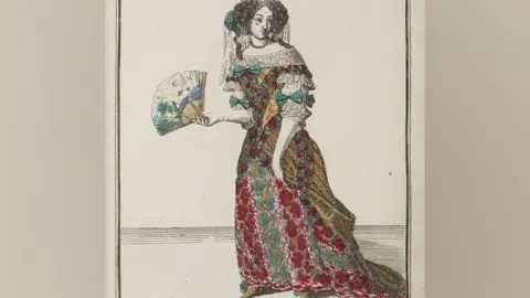 Magdalene College, University of Cambridge A drawing of a late 17th Century woman with curling black hair puffed out on either side and a lace veil flowing behind, and a yellow, red and green dress with white lace low cut collar and sleeves, green bows while carrying a fan