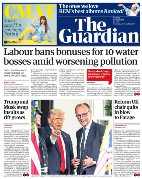 "Labour bans bonuses for 10 water bosses amid worsening pollution" reads the headline on the front page of The Guardian.