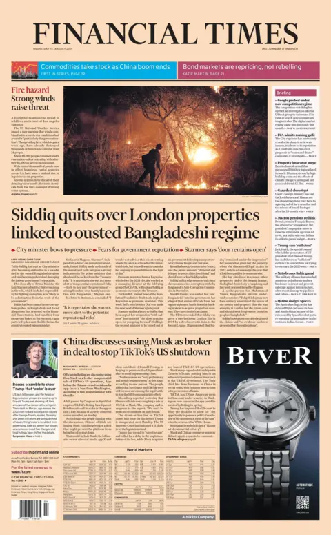 The headline on the front page of the Financial Times reads: "Siddiq quits over London properties linked to ousted Bangladeshi regime"