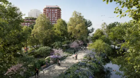 Ballymore. An artist's impression of improvements to Dean's Brook Nature Reserve. A lush landscape is visible with large trees, flowering trees, shrubs, gravel paths and the Deas Creek itself, with an underground train and high-rise buildings visible in the background.