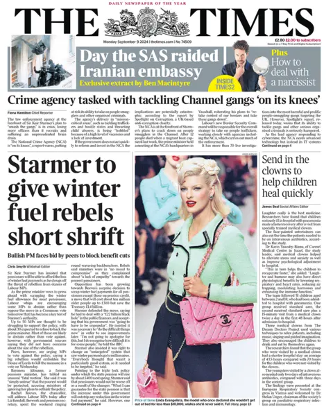 Times header  reads "Starmer to springiness  wintertime  substance  rebels abbreviated  shrift"