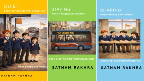 Satnam Rakhra Composite image of the first three books in the series. First one is yellow and titled ‘QUIET: Book 1 of The Kids from Chapel Ash’. Second is green titled STAYING: Book 2 of The Kids from Chapel Ash’. Third is blue titled ‘SHARING: Book 3 of The Kids from Chapel Ash’