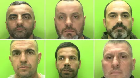 Nottinghamshire Police Police images of six defendants on  a green background
