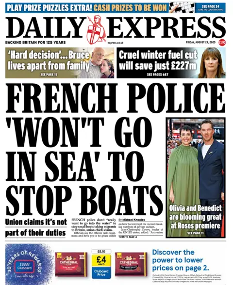 Daily Express front page with headline: "French police ‘won’t go in sea’ to stop boats"