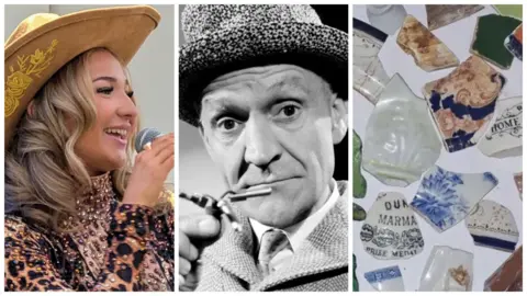 A montage of 3 photos, showing Olivia Lynn singing into a microphone, a black and white image of Stanley Unwin and shards of broken pottery laid out against paper