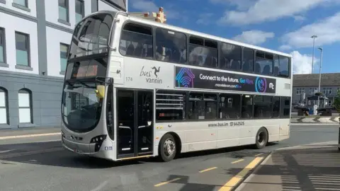 BBC A Mercedes double decker silver bus on Lord Street, Isle of Man