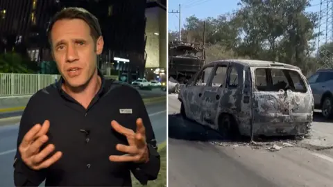 Composite: On the left, a BBC journalist speaking with his hands out in front of him. On the right, a burnt car is seen on a street.