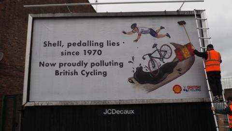 A satirical artwork accusing Shell of "peddling lies".