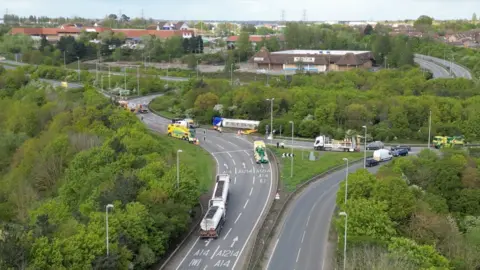 Richard Knights/BBC The A12 Copdock Interchange roundabout during the road closure