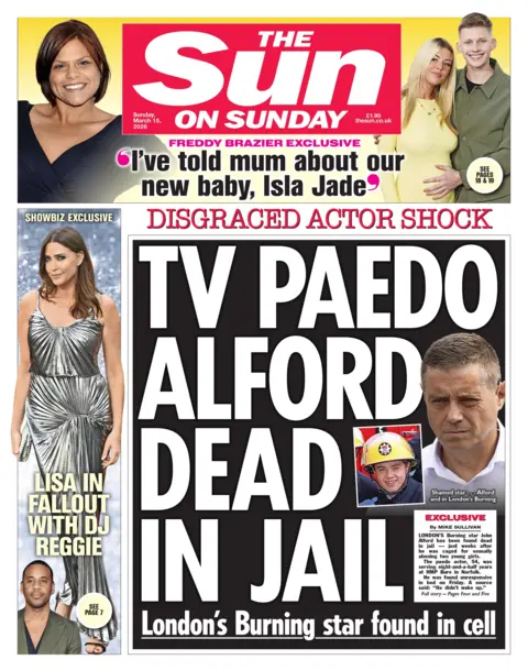 The headline on the front page of the Sun reads: "TV paedo Alford dead in jail."