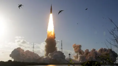 a rocket takes off as birds fly in the foreground