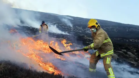 Getty Images Two firefighters battling a fire on the side of a mountain.