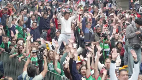 Crowd with hands up doing celebratory wave