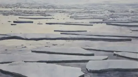 Emma Stibbon RA / Ferens Art Gallery Drift Ice by Emma Stibbon RA it shows an ice flow with large irregular blocks of ice and a snow covered landscape in the background
