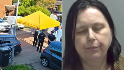 A large yellow tent and a white van, with police officers and people in full protective suits standing nearby. Several cars are parked around the scene in a quiet cul-de-sac. On the right, Martha Goddard's mugshot can be seen, with her eyes closed.