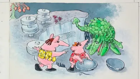 Canterbury Auction Galleries A hand-painted illustration showing two pink Clangers standing on a rocky landscape beside the green Soup Dragon. Metal lids and machinery are scattered around the scene, with pale blue and grey tones in the background.