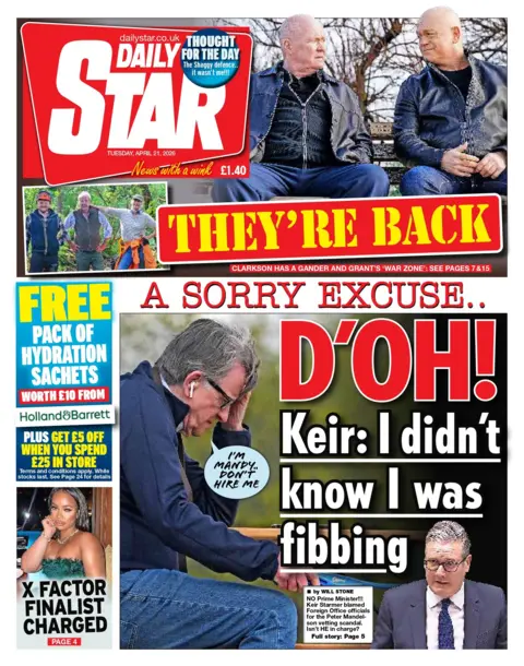 "D'oh! Keir: I didn't know I was fibbing" reads the headline on the front page of the Daily Star.